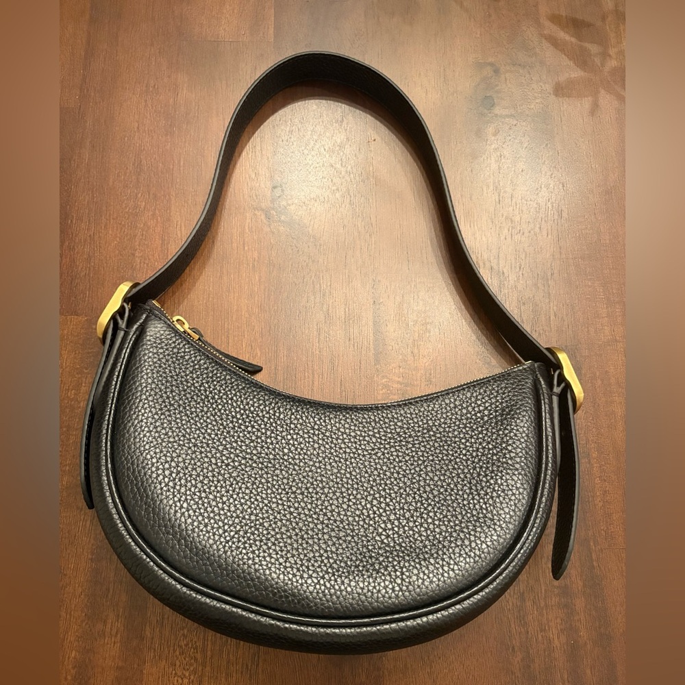 Quince Black Italian Pebbled Leather Mini Crescent Shoulder Bag Gold Hardware - Picture 2 of 6